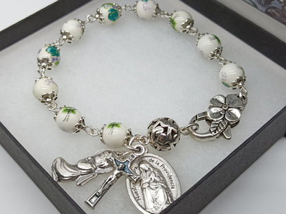 Our Lady of Divine Providence Floral Porcelain single decade Rosary Bracelet, Guardian Angel medal, Holy Communion gift.
