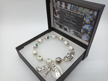 Our Lady of Divine Providence Floral Porcelain single decade Rosary Bracelet, Guardian Angel medal, Holy Communion gift.