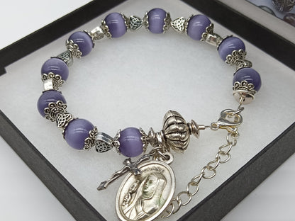 Saint Clare Catholic Rosary Decade Bracelet, Celtic beads, Claddagh & Cat's eye glass beads, Irish bracelet, Pocket Rosary, Wedding gift.