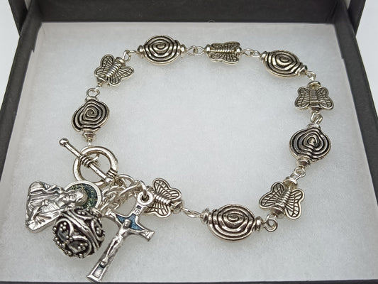 Sacred Heart of Jesus Rosary decade Bracelet, Confirmation gift, Silver Butterfly Beads, Wedding gift. Spiritual Jewellery, Christian beads.