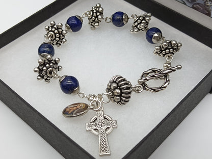 Lapis Lazuli Rosary Bracelet, Single decade bracelet, Celtic Cross, Religious wedding gift, spiritual prayer gift. Religious prayer beads