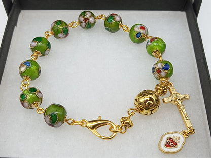 Handcrafted Cloisonné Rosary decade charm bracelet, Sacred Heart charm bracelet, Religious silver jewellery.