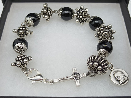 St. Pio Onyx gemstone single decade rosary bracelet, pocket prayer Bracelet, religious Jewellery gift, Religious medals.