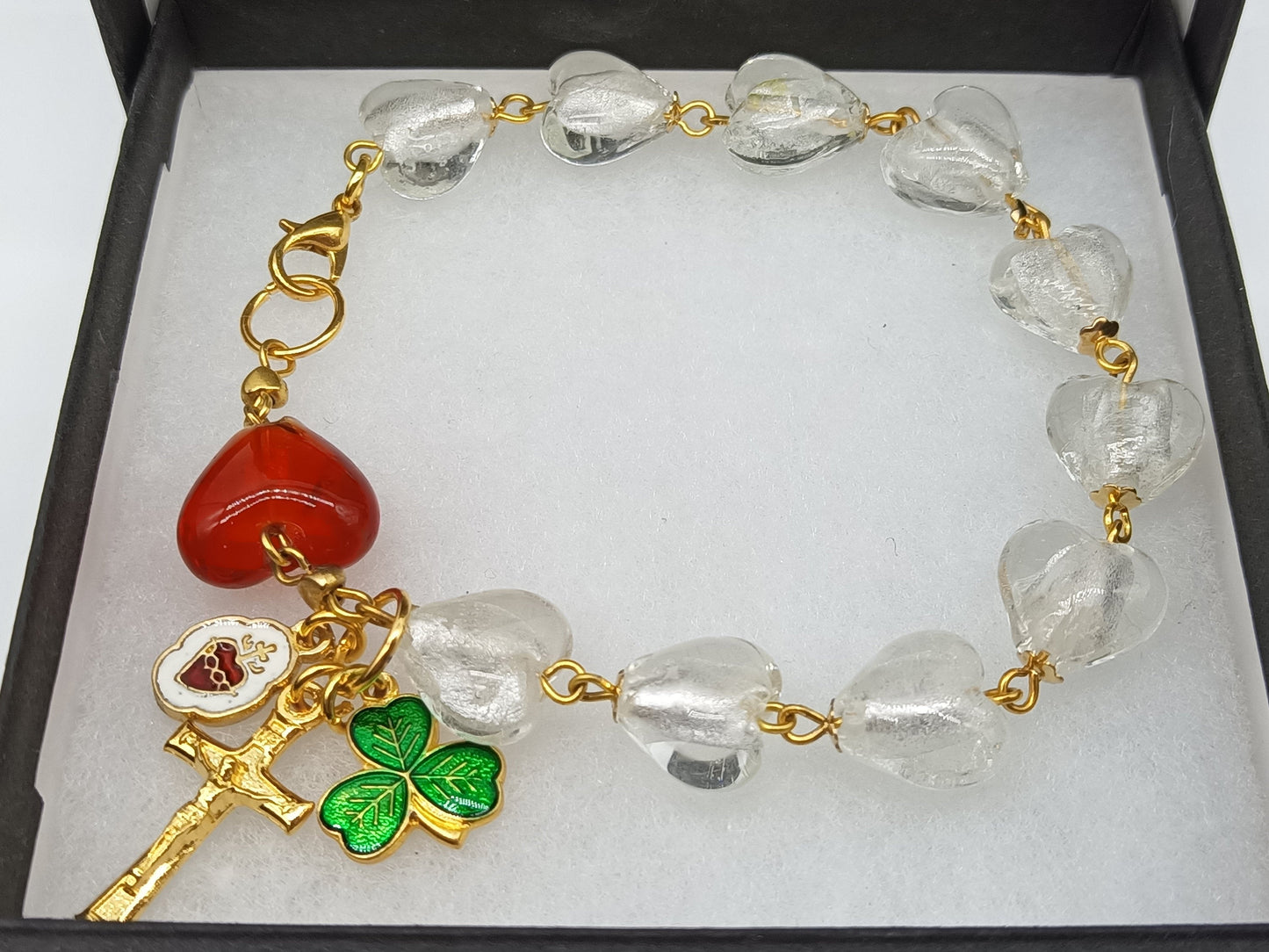 Sacred Heart single decade Rosary bracelet, Holy Trinity clover leaf decade bracelet, Spiritual gift. Pocket Rosary, Travel Car Visor Rosary