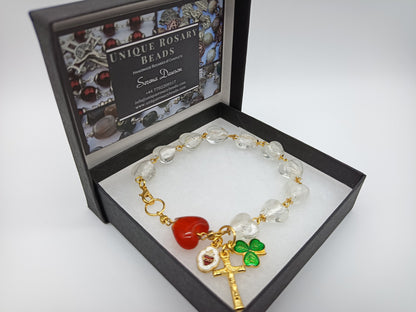 Sacred Heart single decade Rosary bracelet, Holy Trinity clover leaf decade bracelet, Spiritual gift. Pocket Rosary, Travel Car Visor Rosary