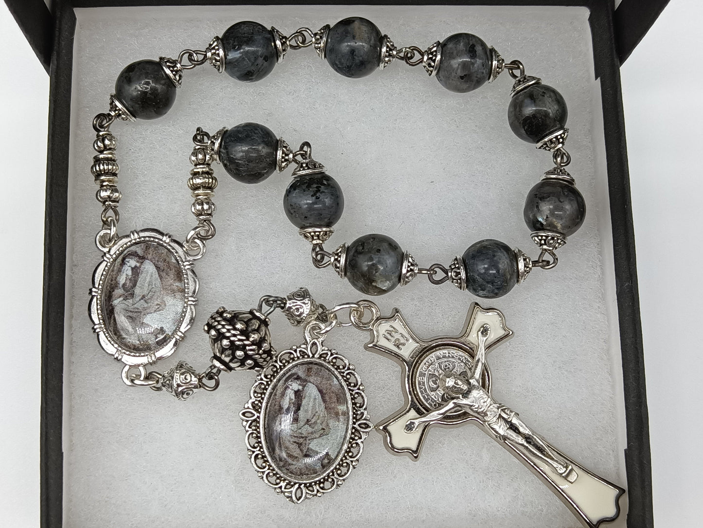Vintage St. Mary Magdalene gemstone single decade Rosary beads, St. Benedict enamel Crucifix, Pocket Rosary,  Confirmation Rosary gift.