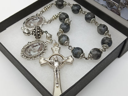 Vintage St. Mary Magdalene gemstone single decade Rosary beads, St. Benedict enamel Crucifix, Pocket Rosary,  Confirmation Rosary gift.