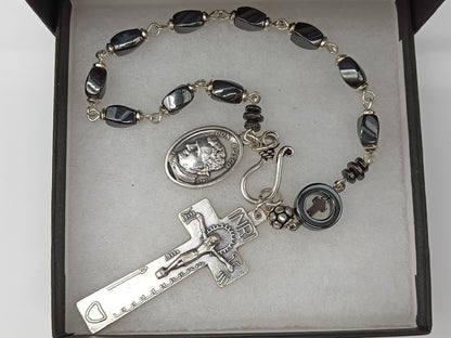 Saint John Bosco gemstone single decade rosary beads, Penal crucifix prayer beads, Our Lady of Mount Carmel, Men's pocket prayer Beads.