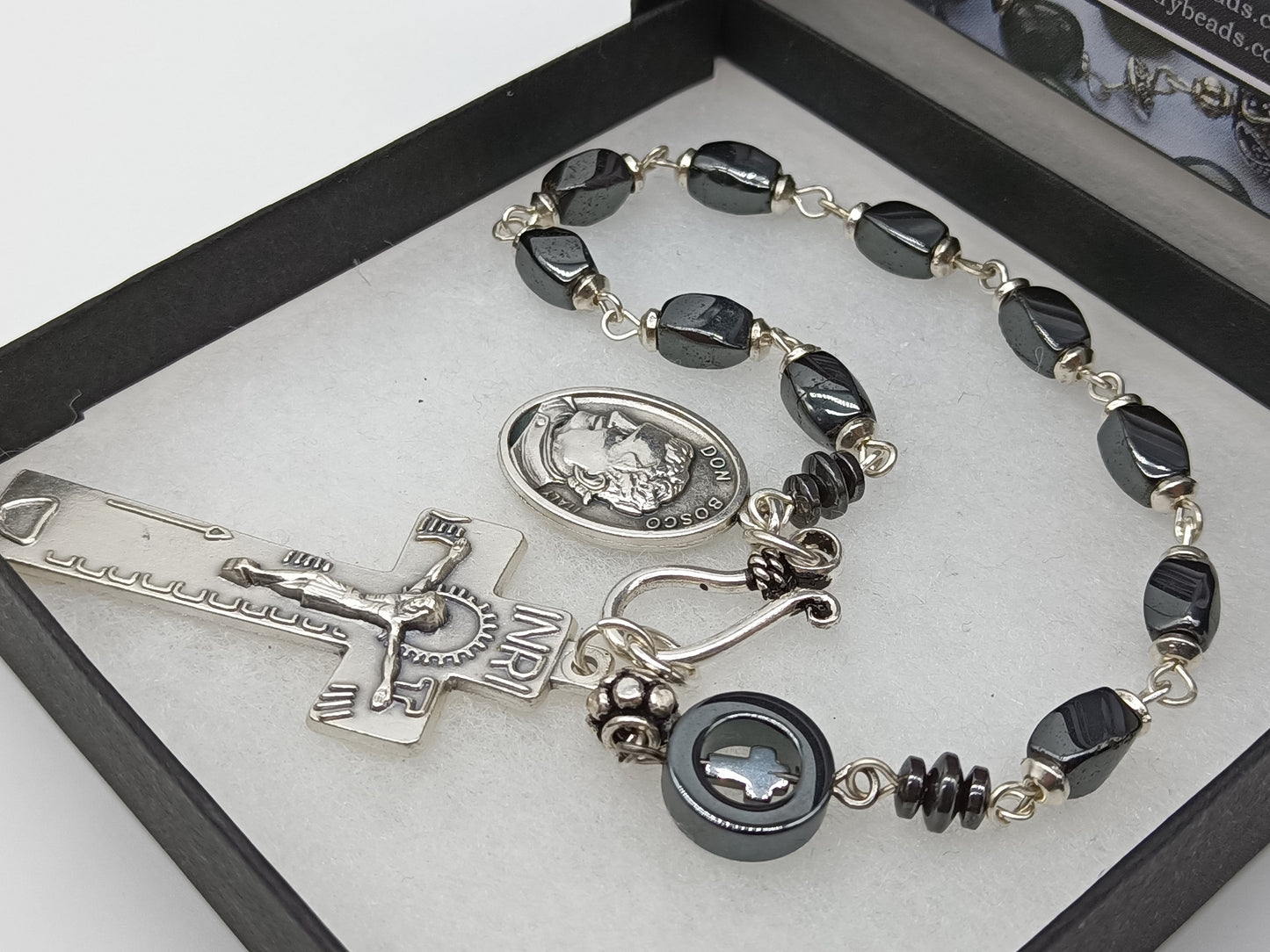 Saint John Bosco gemstone single decade rosary beads, Penal crucifix prayer beads, Our Lady of Mount Carmel, Men's pocket prayer Beads.