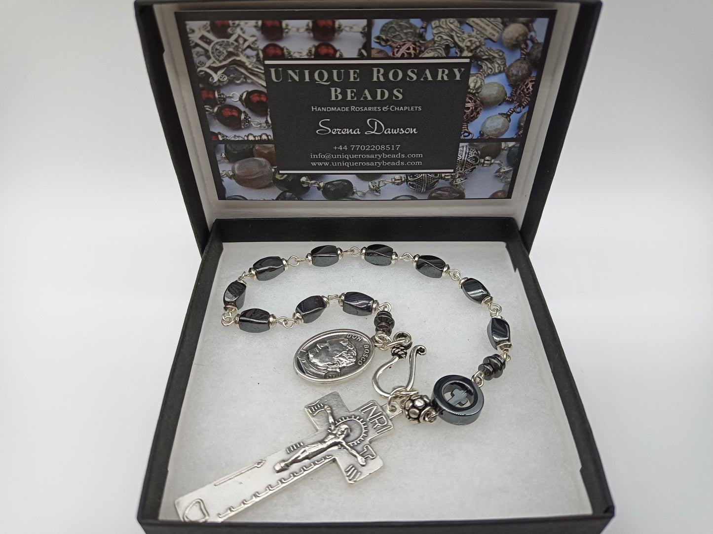 Saint John Bosco gemstone single decade rosary beads, Penal crucifix prayer beads, Our Lady of Mount Carmel, Men's pocket prayer Beads.