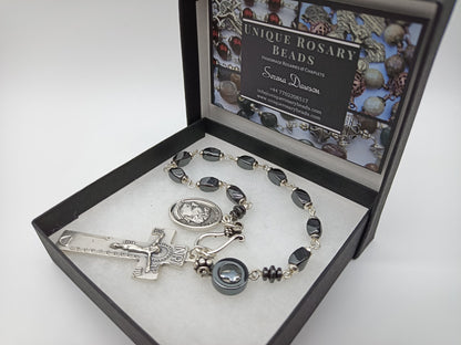 Saint John Bosco gemstone single decade rosary beads, Penal crucifix prayer beads, Our Lady of Mount Carmel, Men's pocket prayer Beads.