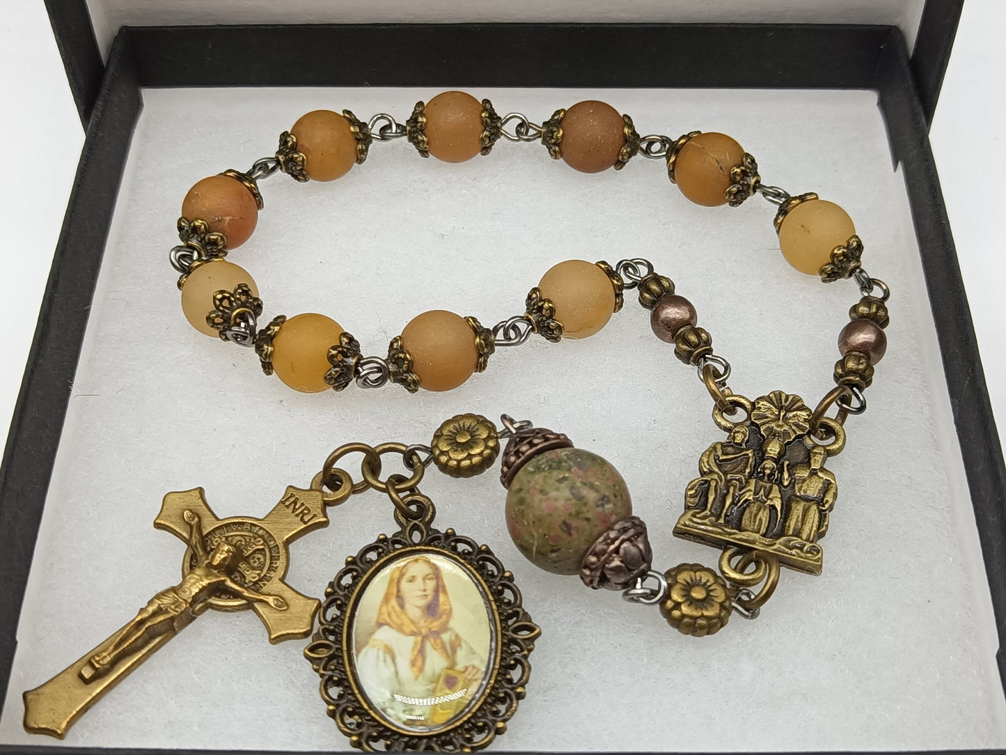 St Dymphna agate gemstone single decade Rosary beads, Coronation of Our Lady medal, St Benedict Crucifix, Rosaries, Pocket Rosaries