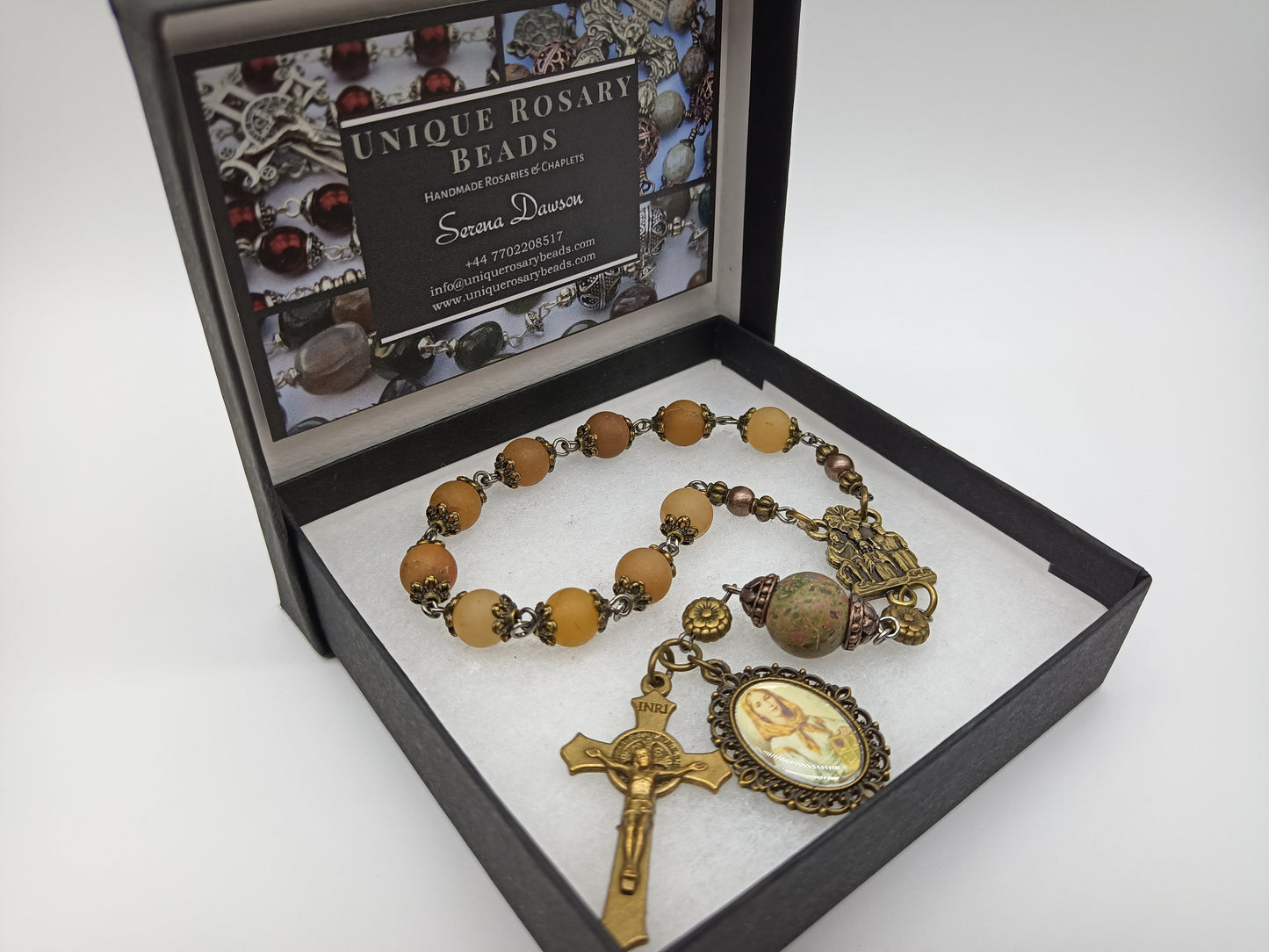 St Dymphna agate gemstone single decade Rosary beads, Coronation of Our Lady medal, St Benedict Crucifix, Rosaries, Pocket Rosaries