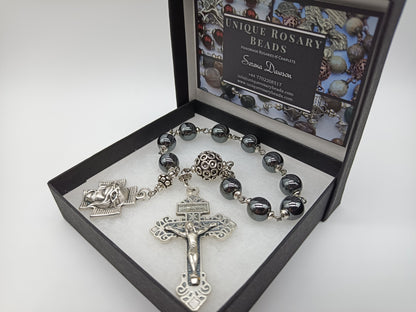 Holy Face Single decade Hematite gemstone Rosary beads, Men's Rosary, Crown of Thorns Rosary beads, Pardon Crucifix, Tenner Rosary beads.
