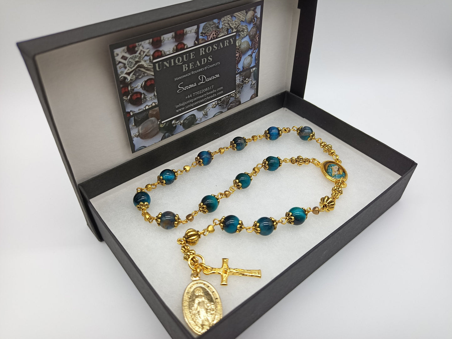 Our Lady of Sorrows Blue Tigers eye Rosary beads single decade, Tenner rosary Rosary beads, Spiritual Wedding beads, Bridesmaid gift.