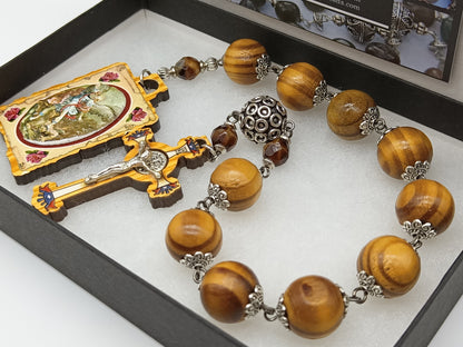 Large Saint Michael tenner / single decade rosary beads, Olive wood St. Benedict Crucifix, pocket prayer Beads, Antique prayer beads.