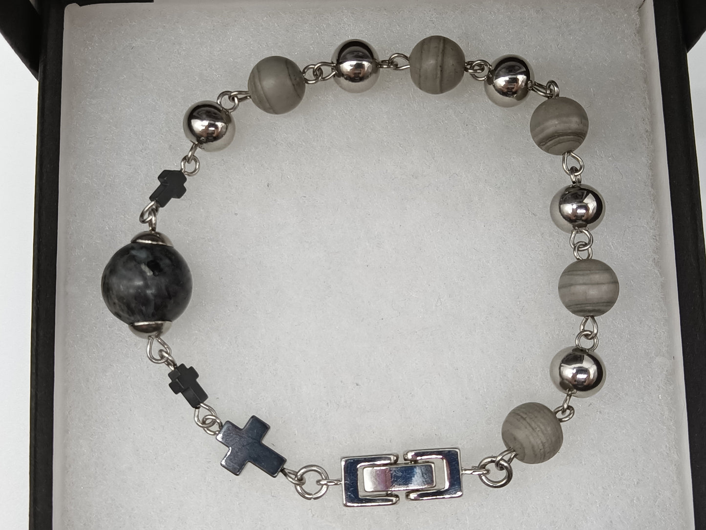 Stainless steel & gemstone single decade bracelet, Men's Stainless steel Tenner rosary beads, Men's prayer beads.