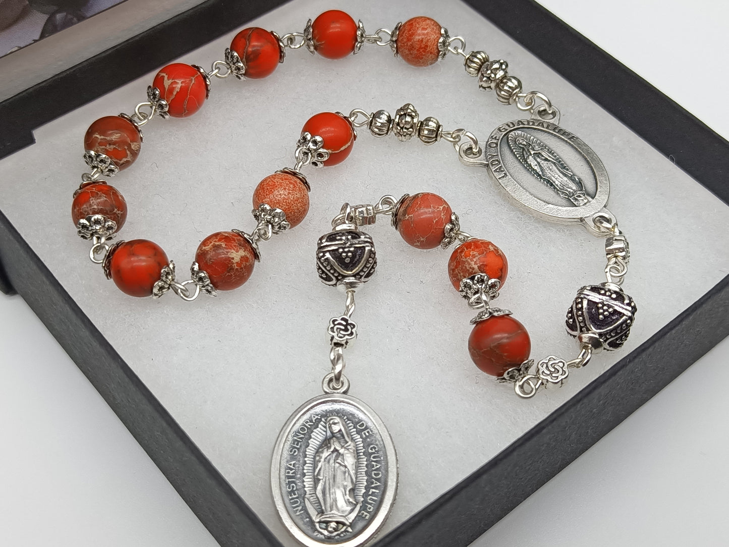 Our Lady of Guadalupe RELIC gemstone single decade rosary, Men's tenner rosary beads, RELIC Pocket Rosary beads.