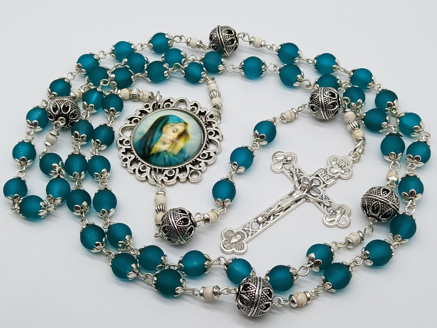 Blue glass Our Lady of Sorrows rosary beads, Glass Holy Trinity rosaries, Dolor Rosary beads, wedding Rosaries, Confirmation Rosary.