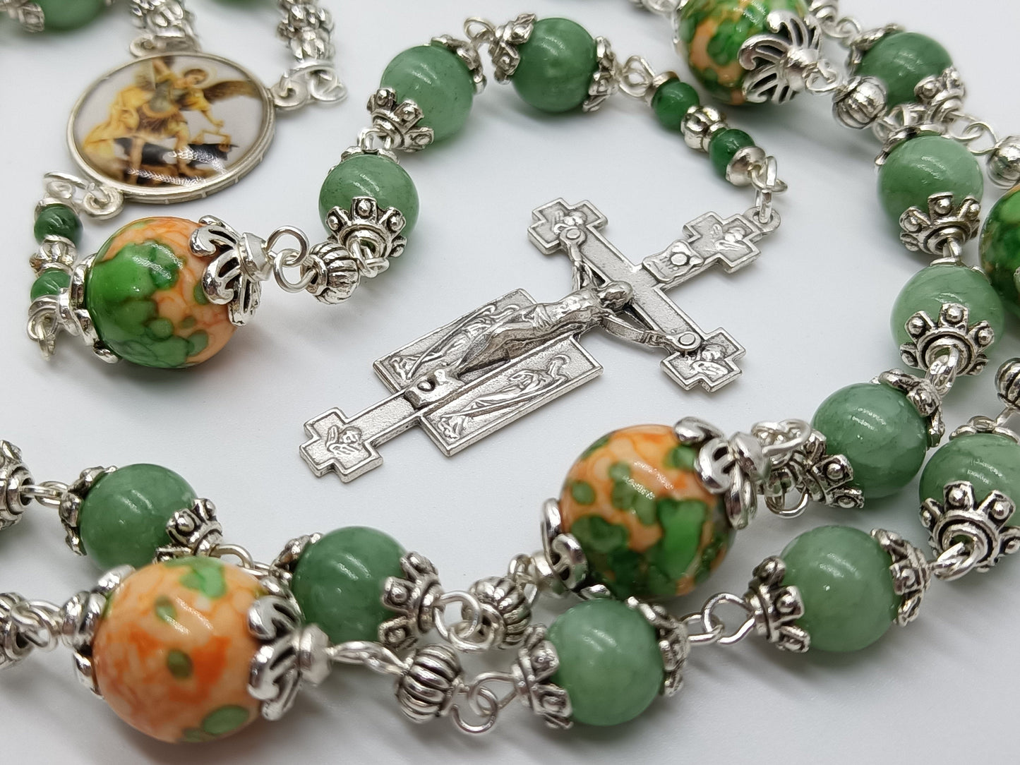 Saint Michael the Arch Angel gemstone prayer chaplet, Angel Crucifix, Saint Michael Rosaries, Prayer Chaplet, Saint Michael beads.