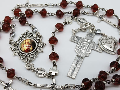 Precious Blood red glass prayer chaplet, Holy Face of Jesus Turin Shroud Crucifix, St. Benedict, The Passion of Christ prayer beads, medal.
