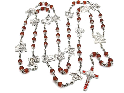 Stations of the Cross unique rosary beads prayer beads with red glass beads and silver stations medals, red and silver St. Benedict crucifix.