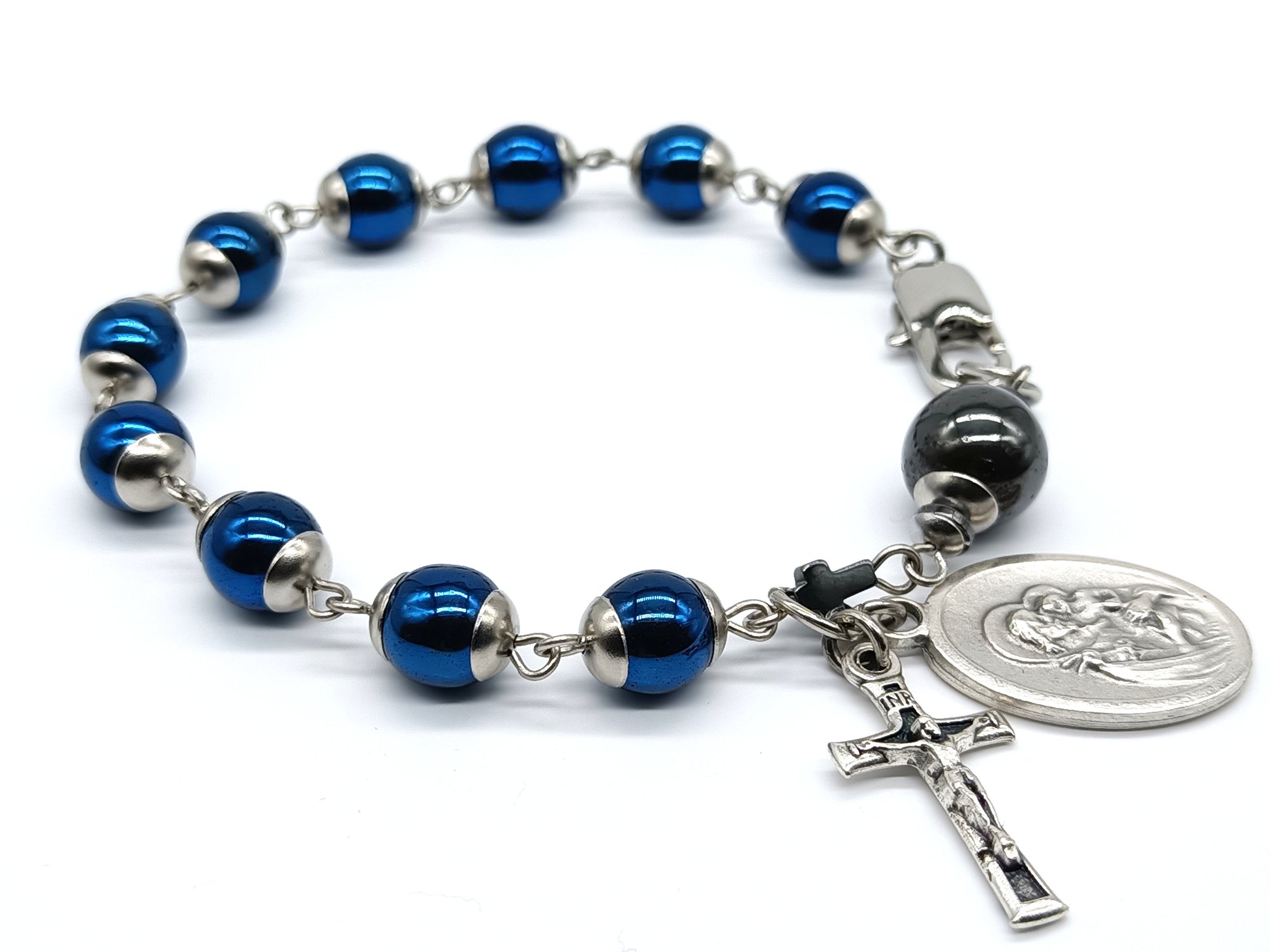 Saint Joseph unique rosary beads single decade with blue gemstone hematite beads, stainless steel bead caps and clasp, silver crucifix and St. Joseph medal.