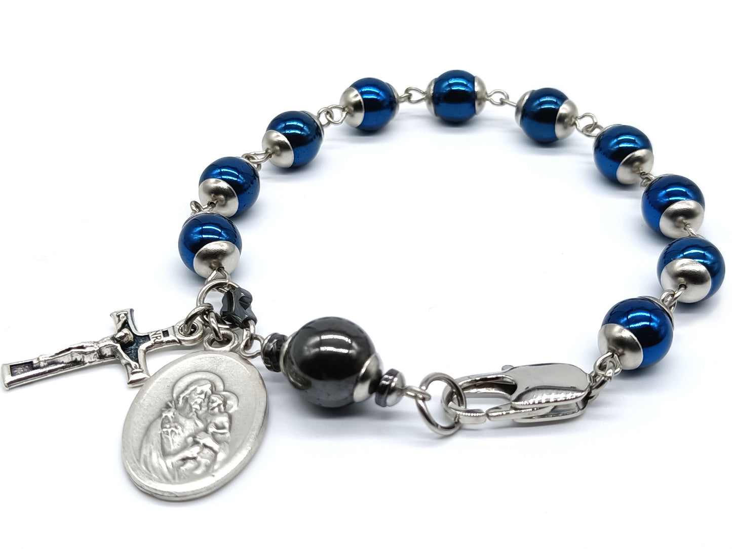 Saint Joseph unique rosary beads single decade with blue gemstone hematite beads, stainless steel bead caps and clasp, silver crucifix and St. Joseph medal.