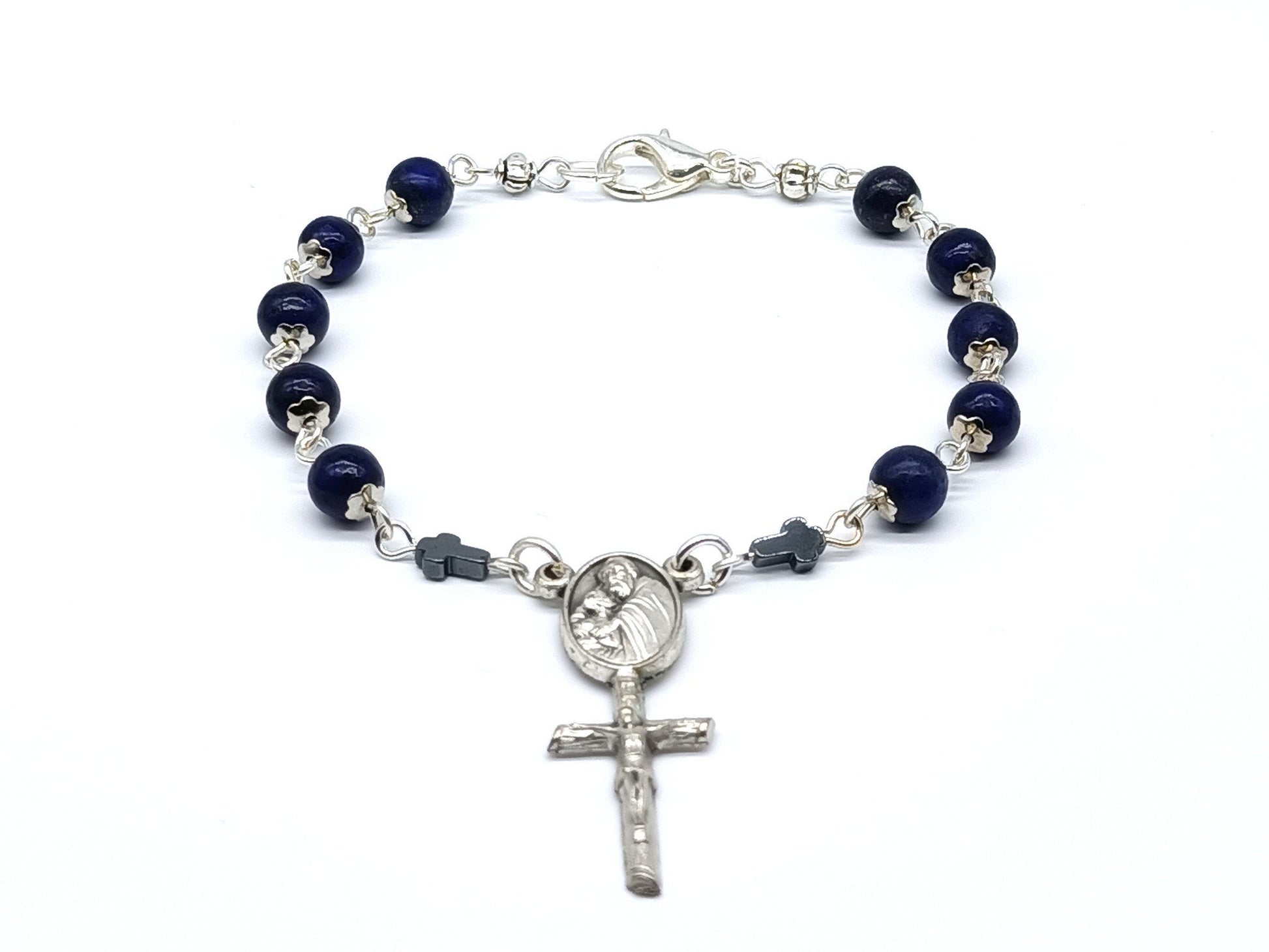 God the Father Lapis Lazuli unique rosary beads single decade with silver crucifix and lobster clasp.