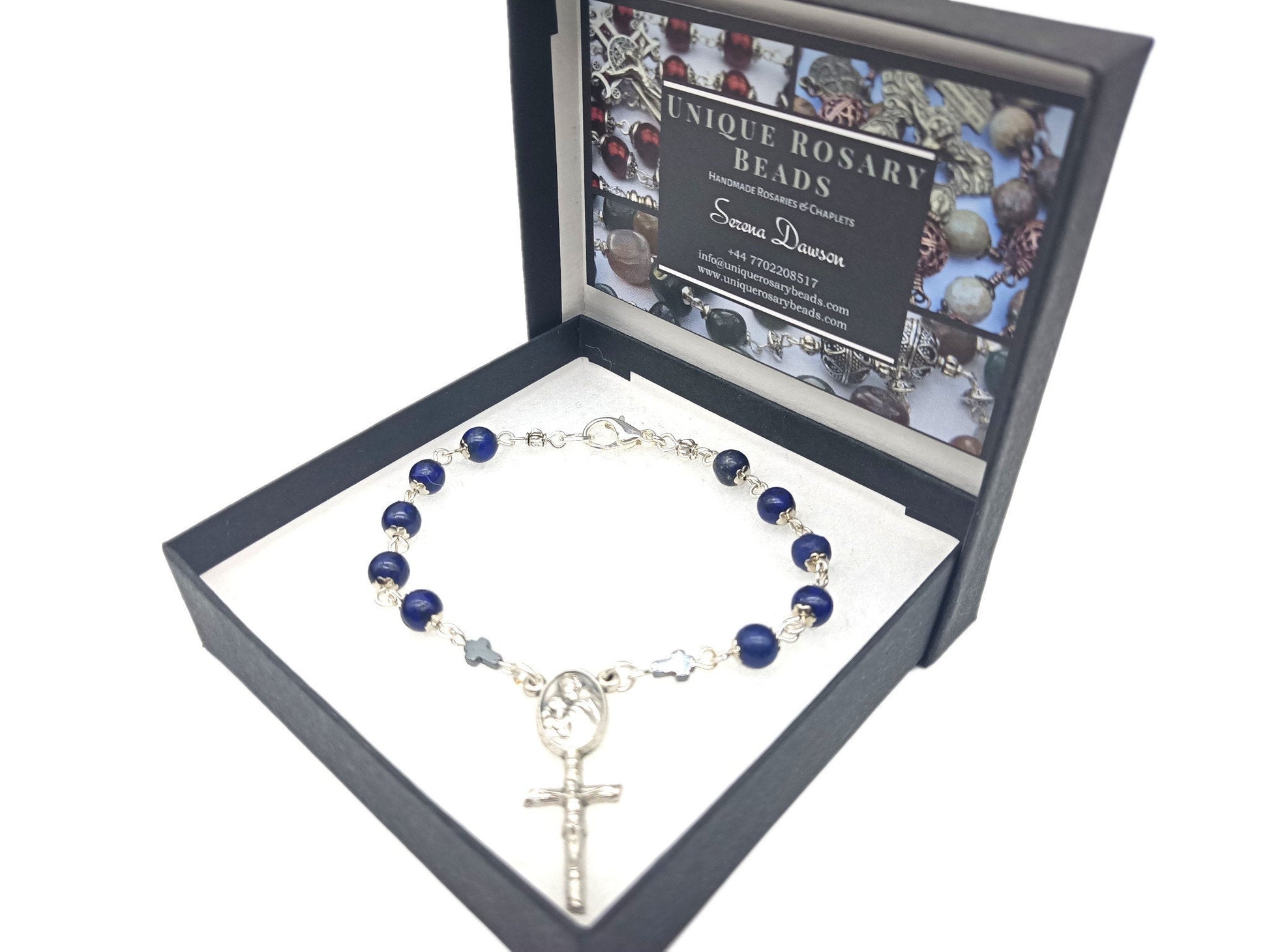 God the Father Lapis Lazuli unique rosary beads single decade with silver crucifix and lobster clasp.