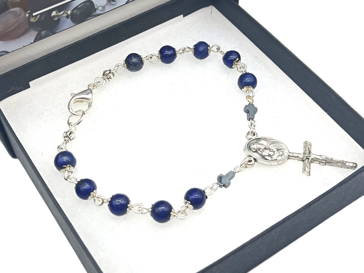 God the Father Lapis Lazuli unique rosary beads single decade with silver crucifix and lobster clasp.