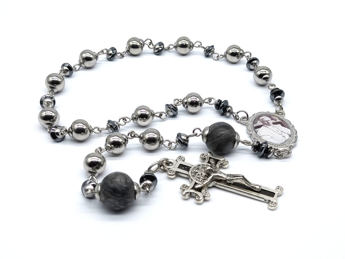 Saint Pope Pius X unique rosary beads single decade with stainless steel and gemstone beads, silver and black enamel St. Benedict crucifix and silver Pius X picture centre medal.