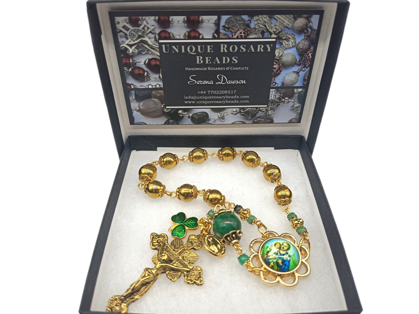 Saint Joseph unique rosary beads single decade with gold hematite and gemstone beads, crucifix and St. Joseph picture centre medal.