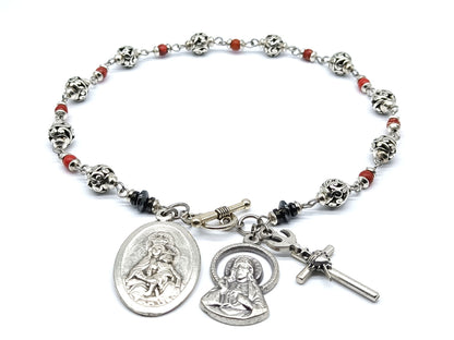Sacred Heart unique rosary beads single decade with silver and gemstone beads, Sacred Heart crucifix and medals.
