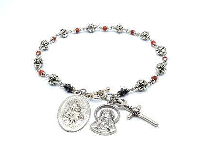 Sacred Heart unique rosary beads single decade with silver and gemstone beads, Sacred Heart crucifix and medals.