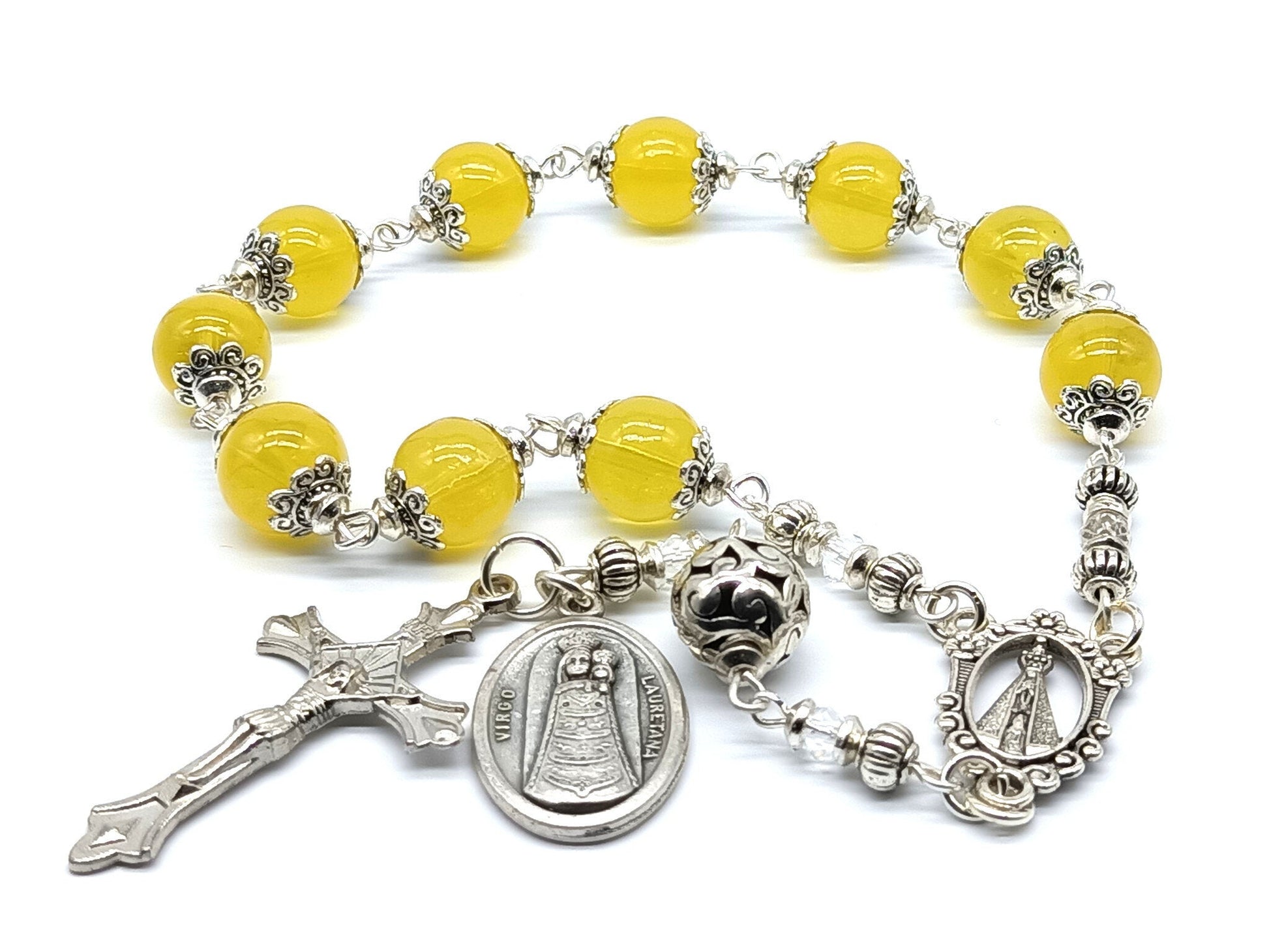 Our lady of Loretto unique rosary beads single decade with yellow glass beads, silver crucifix, pater bead and Virgo Lauretana centre medal.