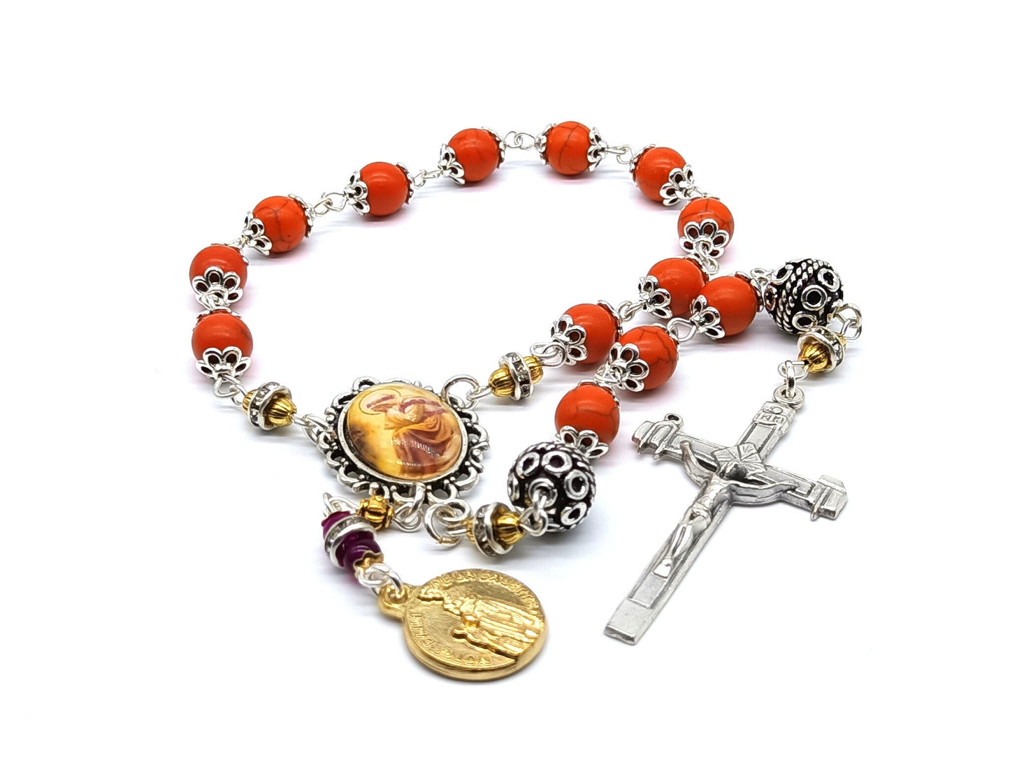 Our lady of La Salette unique rosary beads single decade with gemstone beads, silver crucifix, pater beads and La Salette centre medal.