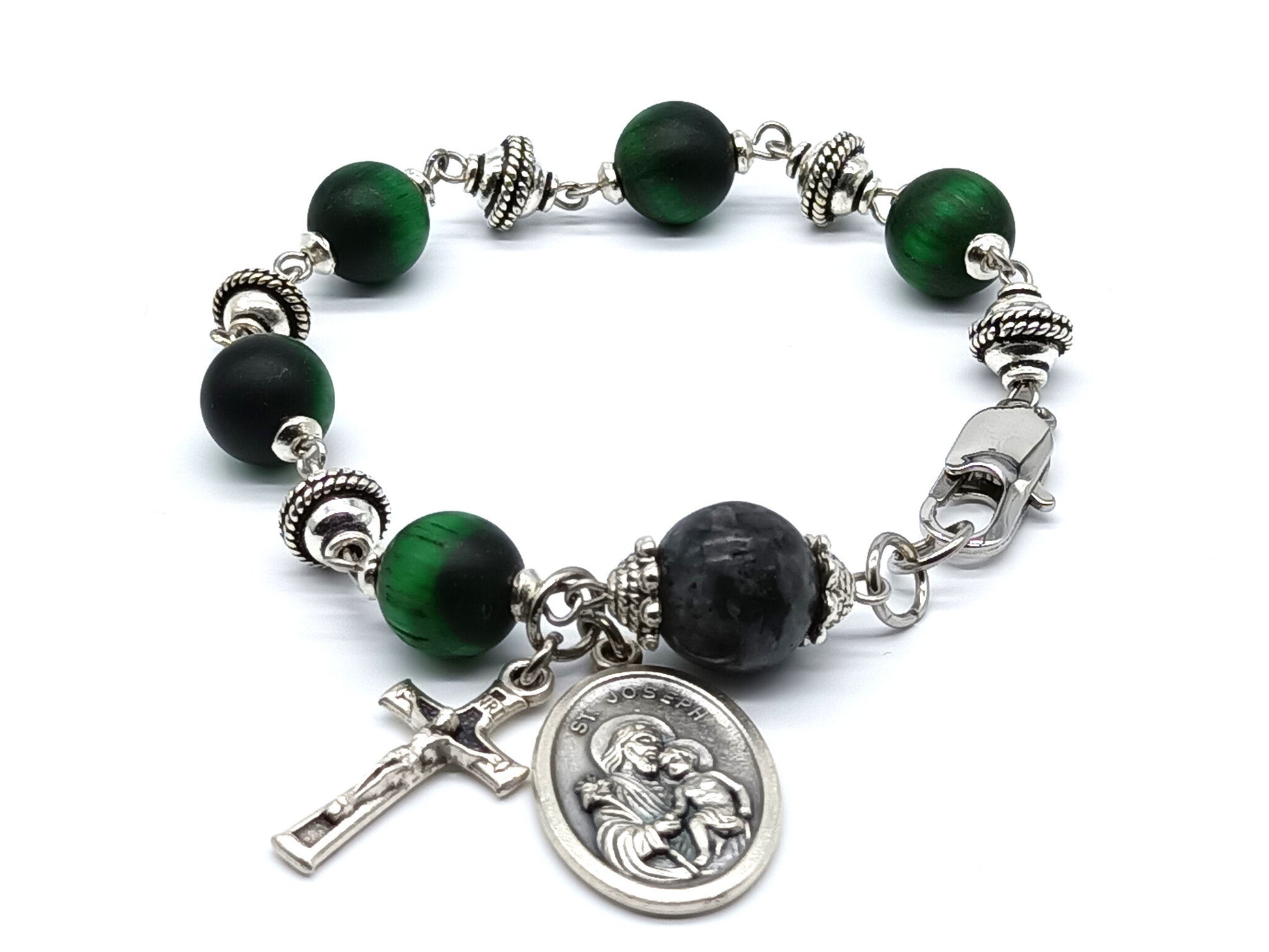 Saint Joseph unique rosary beads single decade with green gemstone beads and silver beads, crucifix and St. Joseph medal and stainless steel clasp.