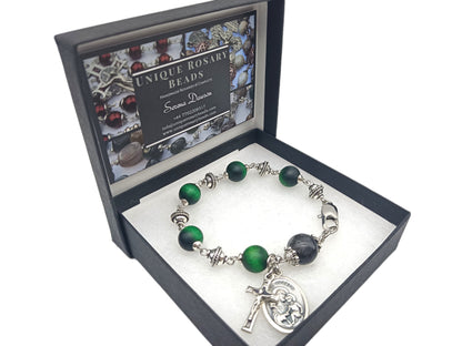 Saint Joseph unique rosary beads single decade with green gemstone beads and silver beads, crucifix and St. Joseph medal and stainless steel clasp.