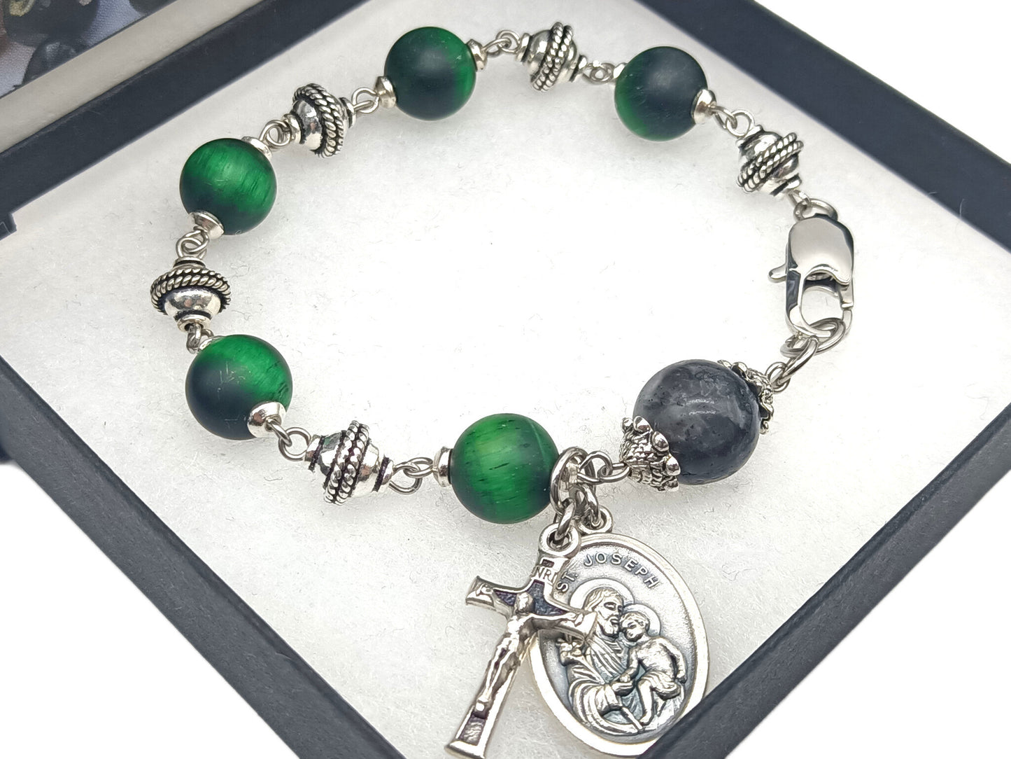 Saint Joseph unique rosary beads single decade with green gemstone beads and silver beads, crucifix and St. Joseph medal and stainless steel clasp.