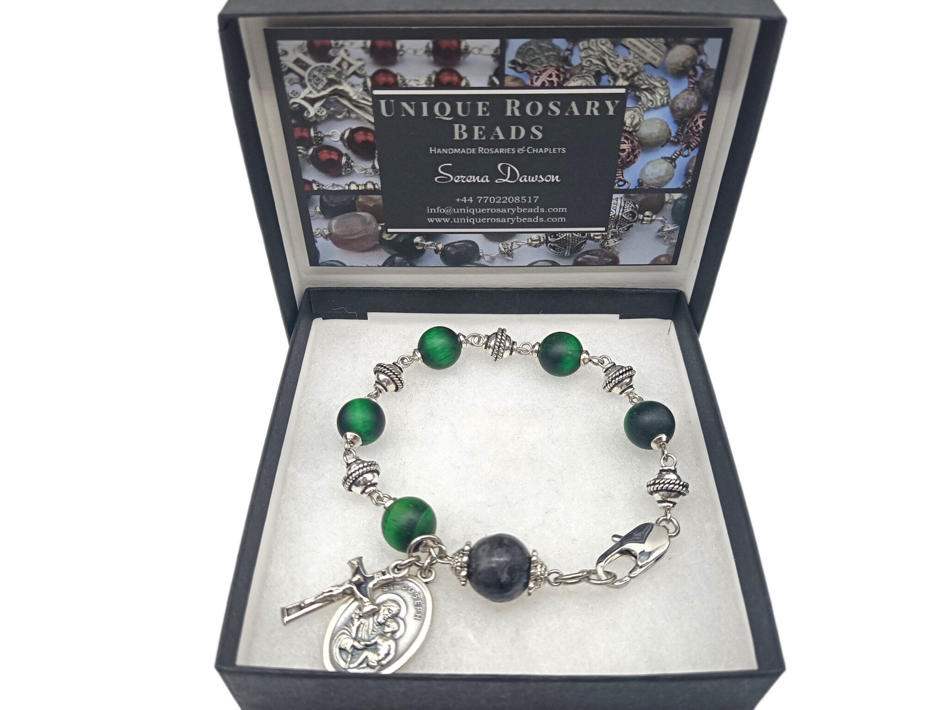 Saint Joseph unique rosary beads single decade with green gemstone beads and silver beads, crucifix and St. Joseph medal and stainless steel clasp.