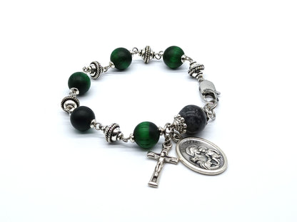 Saint Joseph unique rosary beads single decade with green gemstone beads and silver beads, crucifix and St. Joseph medal and stainless steel clasp.