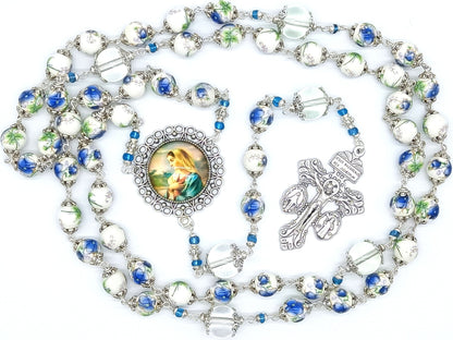 Porcelain unique rosary beads with silver pardon crucifix, Virgin Mary centre medal and glass pater beads.