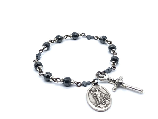 Saint Bernard unique rosary bead chaplet with hematite beads, silver Sacred Heart crucifix and St. Bernard medal.