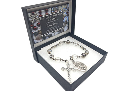 Saint Bernard unique rosary bead chaplet with glass beads, silver crucifix and St. Bernard medal.