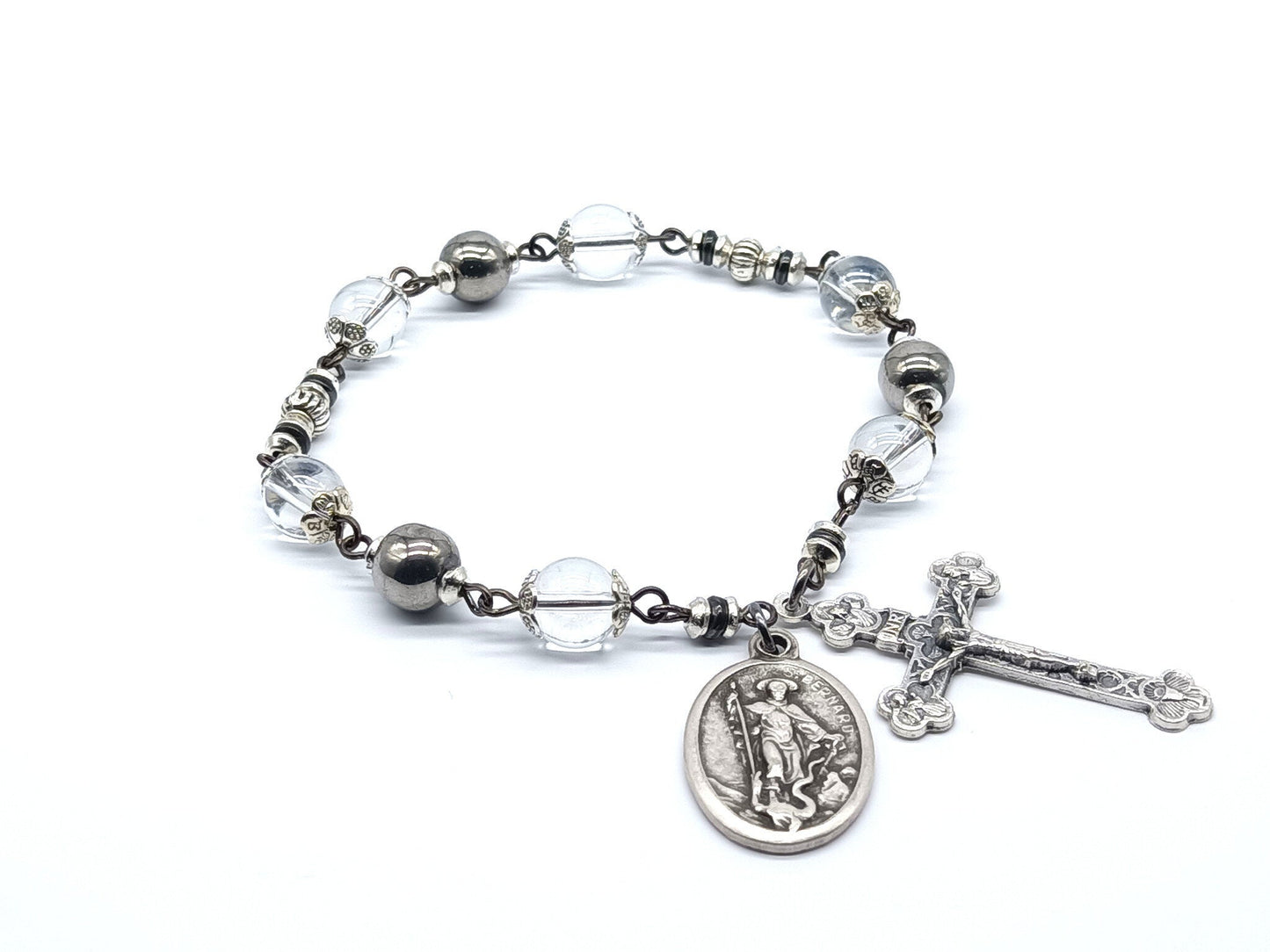 Saint Bernard unique rosary bead chaplet with glass beads, silver crucifix and St. Bernard medal.