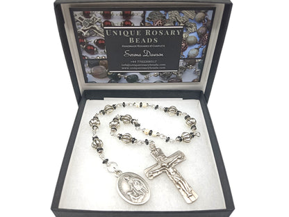 Saint Edward unique rosary beads prayer chaplet with silver and gemstone beads, silver crucifix and medal.