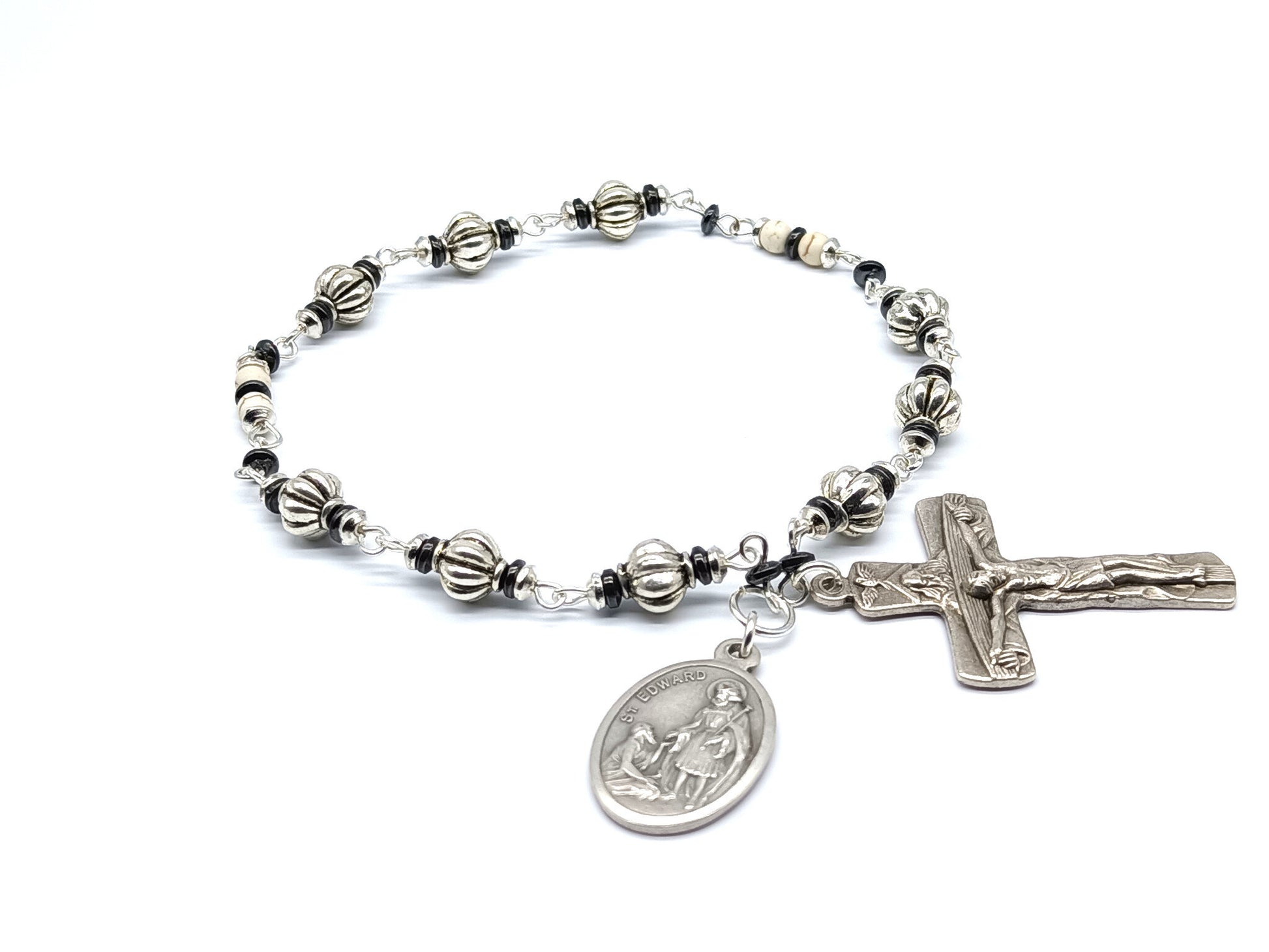 Saint Edward unique rosary beads prayer chaplet with silver and gemstone beads, silver crucifix and medal.