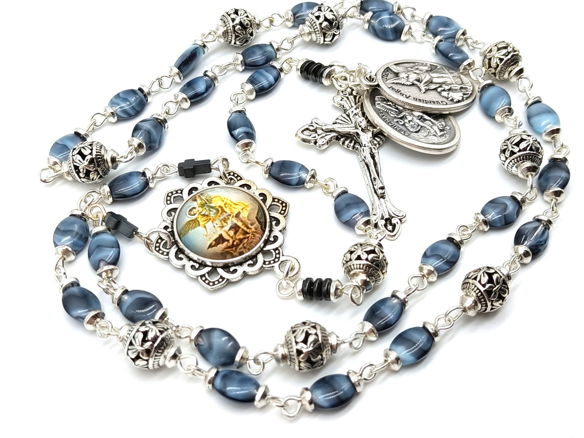 Saint Michael unique rosary beads prayer chaplet with blue glass beads and silver crucifix, Saint Michael picture medal and silver bead caps.