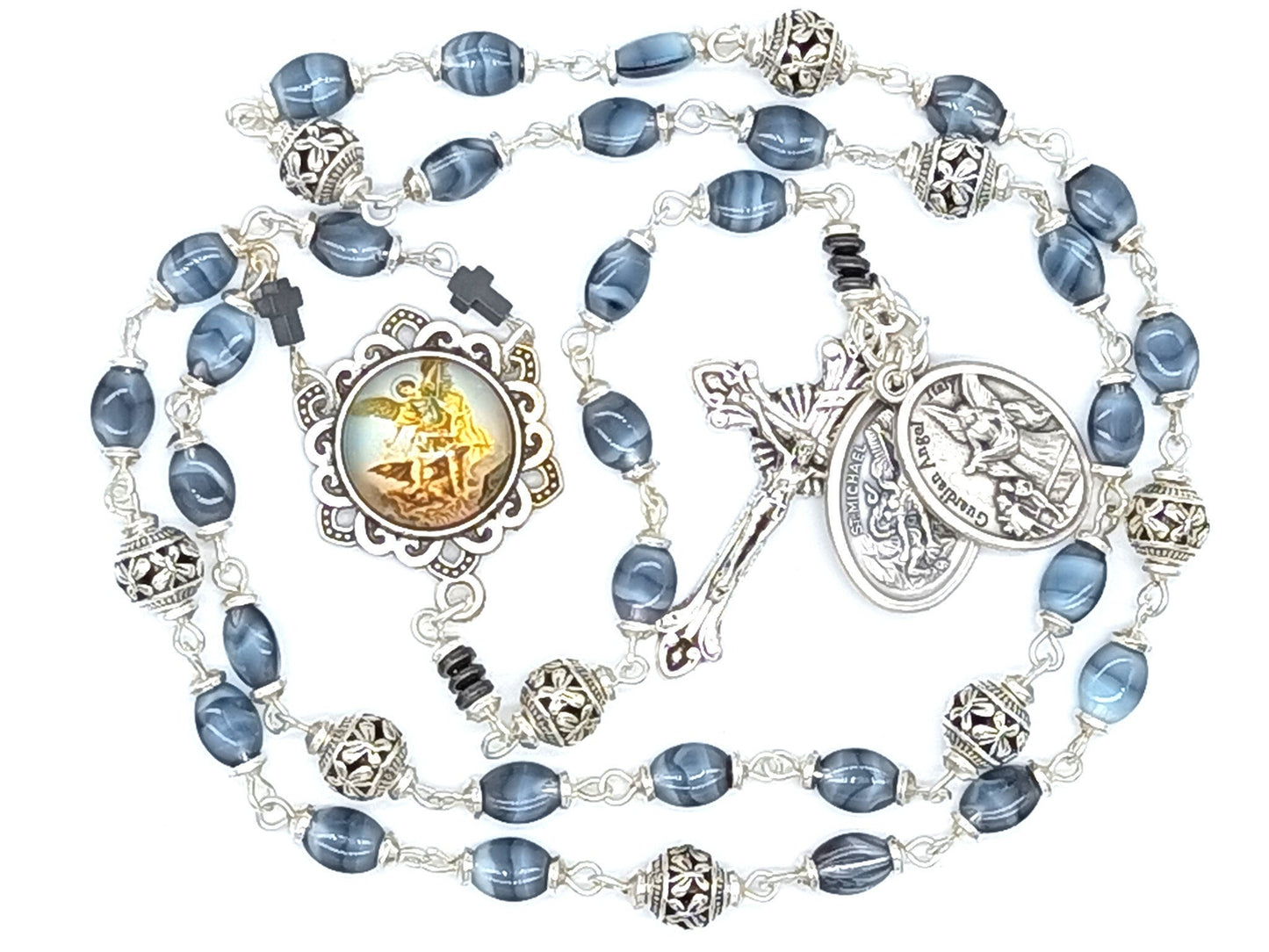 Saint Michael unique rosary beads prayer chaplet with blue glass beads and silver crucifix, Saint Michael picture medal and silver bead caps.